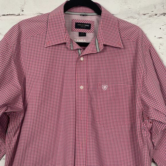 Ariat Pro Series Mens Shirt Large Pink Gray Plaid Button Down Western Cowboy - Picture 8 of 8